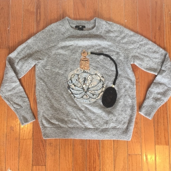 H&M Grey Sequin Perfume Bottle Holiday Sweater XS - Picture 3 of 8